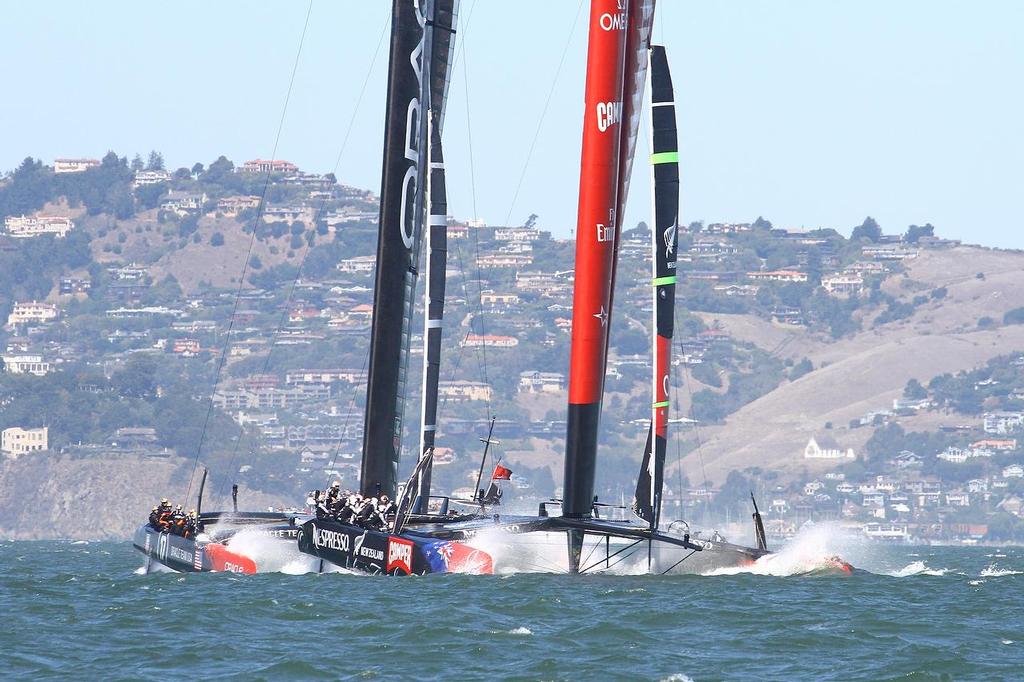 Oracle Team USA v Emirates Team New Zealand. America’s Cup Day 8 San Francisco. Emirates Team NZ leads Oracle Team USA just after the start of Race 11 © Richard Gladwell www.photosport.co.nz